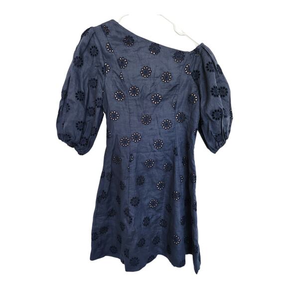 FIGUE Darcy Linen Eyelet Mini Dress 4 Navy Party Fairycore Wedding Cocktail - Picture 3 of 9